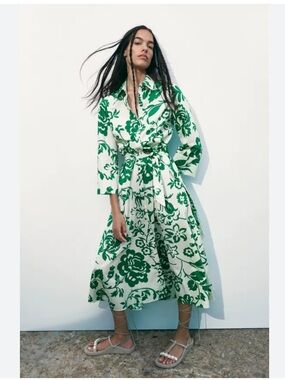 Zara Woman Green White Floral Print Midi Maxi Shirt Dress Size XS